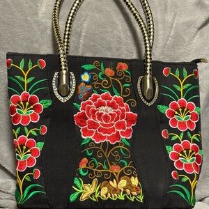 Floral Embroidered Black Tote Bag with gold accent